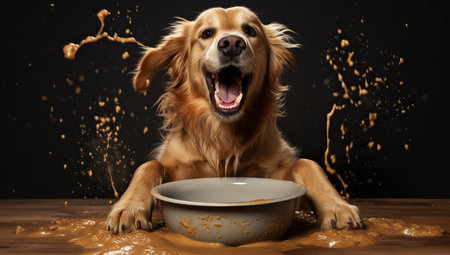 A happy golden retriever sits in front of a bowl with splattered mash, looking at the camera.の素材
