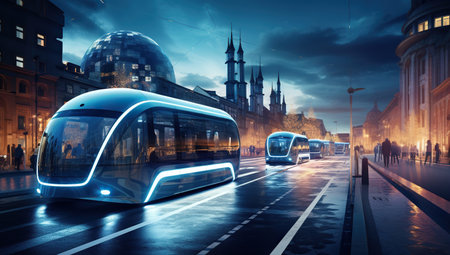 Futuristic trams with blue lighting traveling through a nocturnal urban landscape with historical and modern buildings in the background.の素材