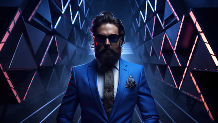 An adult man with a beard and mustache in a blue suit with dark glasses against a background of abstract blue and red glowing patterns.の素材