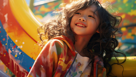 A young Asian girl with long hair joyfully smiles on a playground in the sunlight.の素材