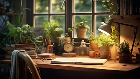 A workspace with an open book illuminated by a desk lamp and surrounded by houseplants, creating a cozy atmosphere for reading or working.の素材