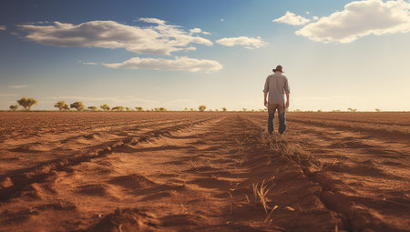 An adult White Australian man in a hat walks on the parched farm land under the sun.の素材