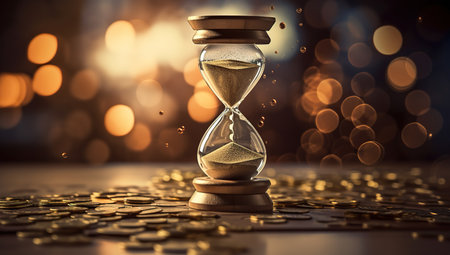 hourglass on a background of lights and coinsの素材