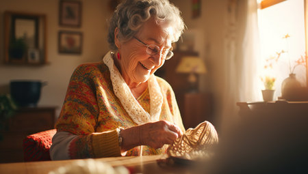 A smiling elderly European woman with glasses knitting in a bright room by the window.の素材
