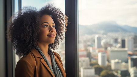 A young Black woman with long curly hair, looking out a window at an urban landscapeの素材