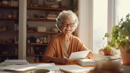 An elderly woman with short white hair reads a book in a cozy home setting, surrounded by books and plants.の素材