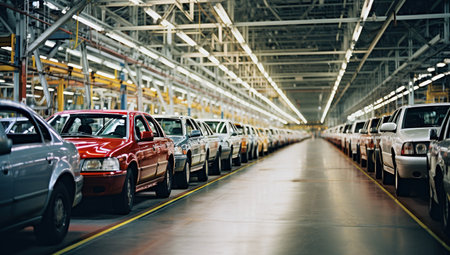 A car factory with rows of new cars, emphasizing industrial production and vehicles.の素材