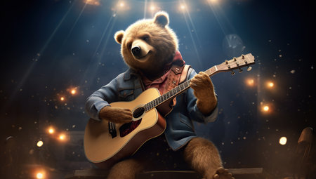 A bear in a denim jacket plays guitar on stage under bright spotlightsの素材
