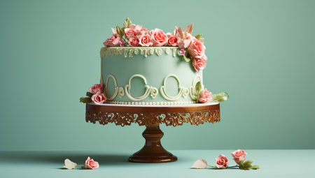 A green cake on a brown stand with pink roses and a white decorative border on a light green background.の素材