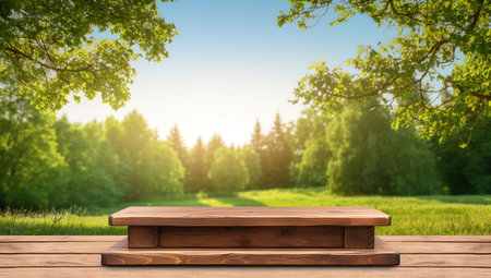 A wooden podium for product against a forest and green lawn, sunlit through the branches of trees.の素材