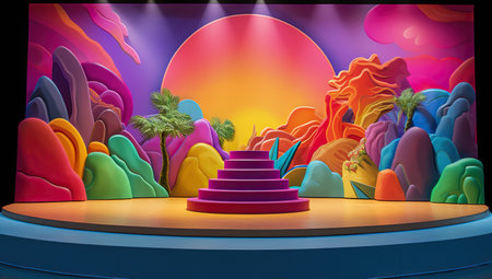 A colorful fantasy scene with palm trees, steps, and abstract shapes at sunset. Podium for productの素材