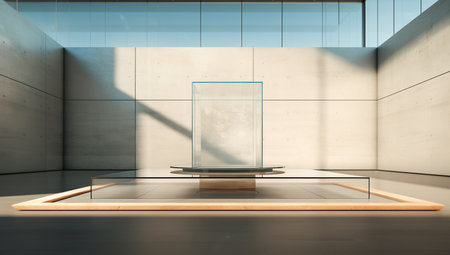 A transparent glass display stand on a wooden base in a modern bright space with concrete walls.の素材