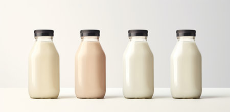 Four bottles of milk in different shades from white to chocolate, lined up in a row on a light background.の素材