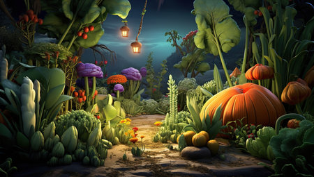 An enchanting garden with plants and vegetables, illuminated by lanterns at night.の素材