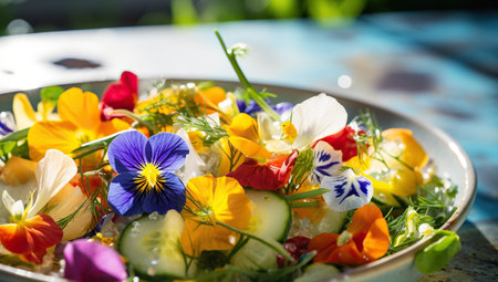 A dish with bright edible flowers and fresh vegetables, served on a sunny tableの素材