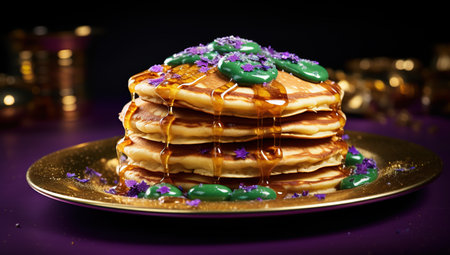 Pancakes with Mardi Gras decoration, drizzled with syrup, on a gold plate with purple confetti against the festive lights.の素材