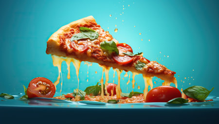 A slice of Margherita pizza with stretching cheese and basil on a bright turquoise background with sauce droplets and tomatoes.の素材