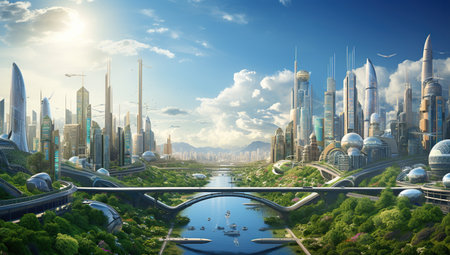 A modern metropolis with high-rise buildings of various shapes, bridges over a river, and bustling city traffic against a backdrop of mountains and blue sky.の素材