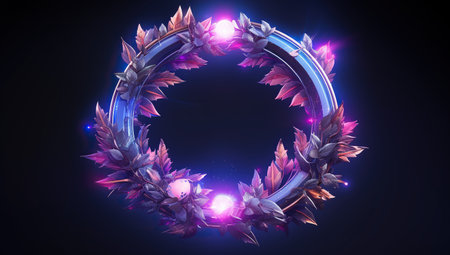 A futuristic floral wreath with purple and blue hues on a dark background, radiating light and energy.の素材
