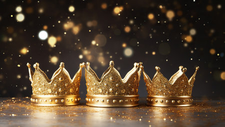 Three glittering golden crowns in the foreground against a dark background sprinkled with glowing dots.の素材