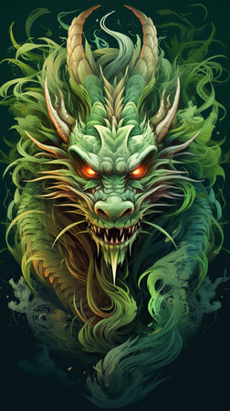 A vivid illustration of a green dragon with red eyes on a dark green background.の素材