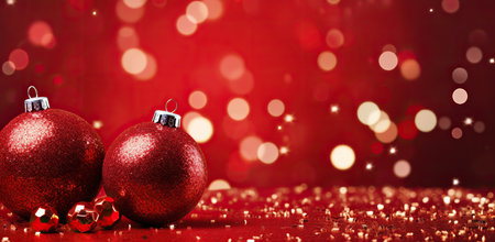Red glittery Christmas baubles on a red background with bokeh and light reflections.の素材