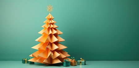 An abstract orange paper Christmas tree with a golden star on top and presents at the base against a dark green background.の素材