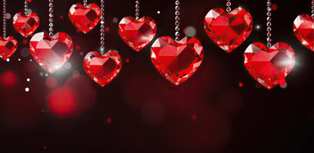 Multiple red crystalline hearts of various sizes suspended at different heights against a red bokeh background.の素材