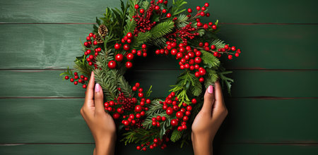A woman's hands holding a Christmas wreath with red berries against a green wooden wall.の素材