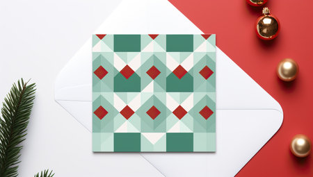 An abstract Christmas card with geometric patterns on a red-green background, adorned with Christmas balls and a spruce branch.の素材