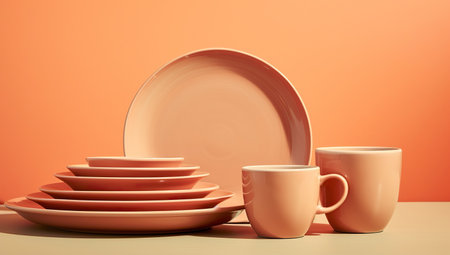 A set of kitchenware in coral shades neatly arranged on a solid backgroundの素材