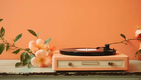 A vinyl player in a pastel pink case next to a blooming branch on a table, against a solid orange wallの素材