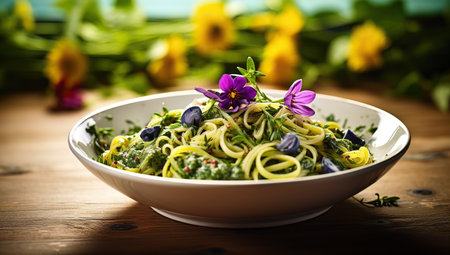A large bowl of pasta with greens, decorated with flowers, on a wooden table against a garden background.の素材