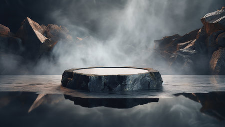 The podium for the product surrounded by mist and rocky formations in mystical lightingの素材