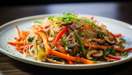 A plate with vibrant Chinese glass noodles, vegetables, and mushrooms served on a table.の素材
