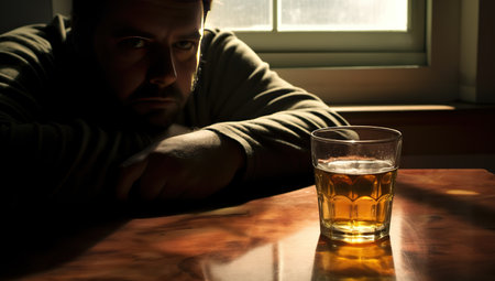 A man in a dark shirt contemplates while looking at a glass of beer on a light table in natural light.の素材