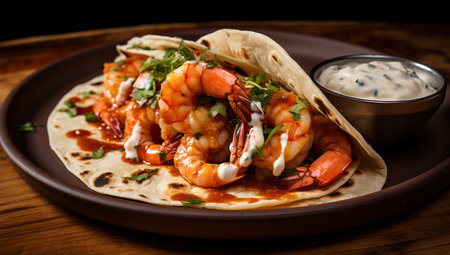 An appealing dish of shrimp garnished with herbs and sauce, served on a thin flatbread, with a cup of sauce on a dark background.の素材