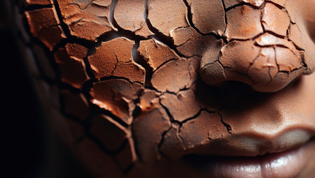 Close-up of a young person's face with cracked skin evoking the appearance of dry earth, with an emphasis on texture.の素材
