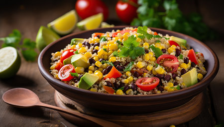 A colorful bowl with quinoa, beans, vegetables, and lime, representing a healthy vegetarian dish.の素材