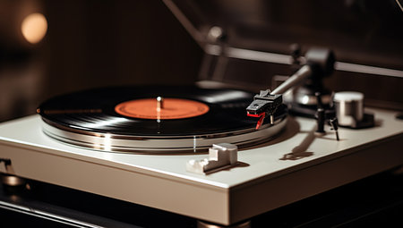 A vinyl record player with an active vinyl disc against a backdrop of warm lighting, creating a cozy atmosphere.の素材