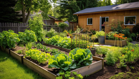 A green vegetable garden with growing vegetables and flowers in the backyard of a house, featuring wooden beds and garden decor.の素材