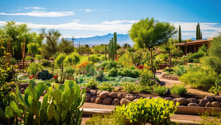 A picturesque desert garden with a variety of cacti and lush greenery under a sunny sky.の素材