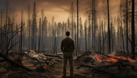 A man stands looking at charred trees after a forest fire, a scene of nature's defeat and destruction against a hazy sky background.の素材