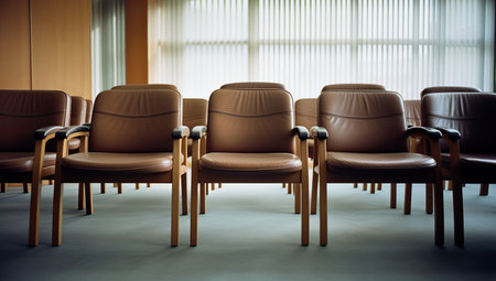 Rows of brown leather chairs in a conference hall or seminar roomの素材