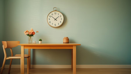 Vintage wooden table with clock and vase of flowers in roomの素材
