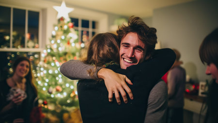 Happy young couple embracing in front of christmas tree at home.の素材
