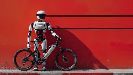 Humanoid robot standing with a bicycle against a red wall. The concept of mobility and active lifestyle.の素材