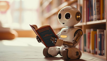 Robot reading a book in a libraryの素材
