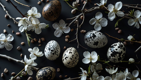 Easter composition with quail eggs and spring flowers on black backgroundの素材