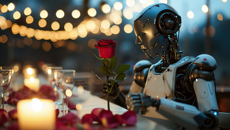 Robot with a rose by candlelight, creating an atmosphere of romance. The concept of merging technology and human emotions.の素材